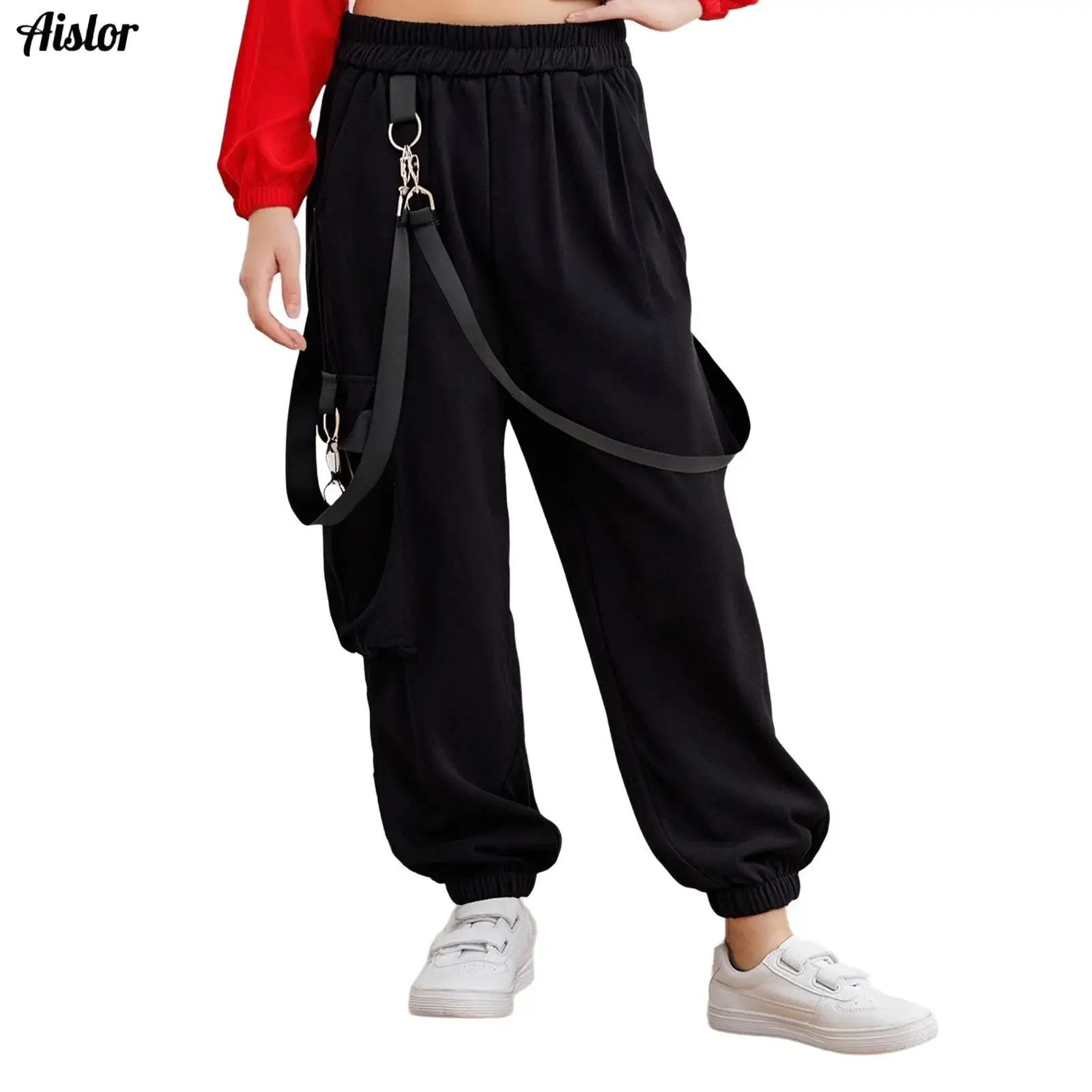 

Kids Girls Casual Cargo Pants Hip-Hop Jazz Dance Pants Fashion Streetwear Elastic Waistband Pockets Trousers with Buckle Straps