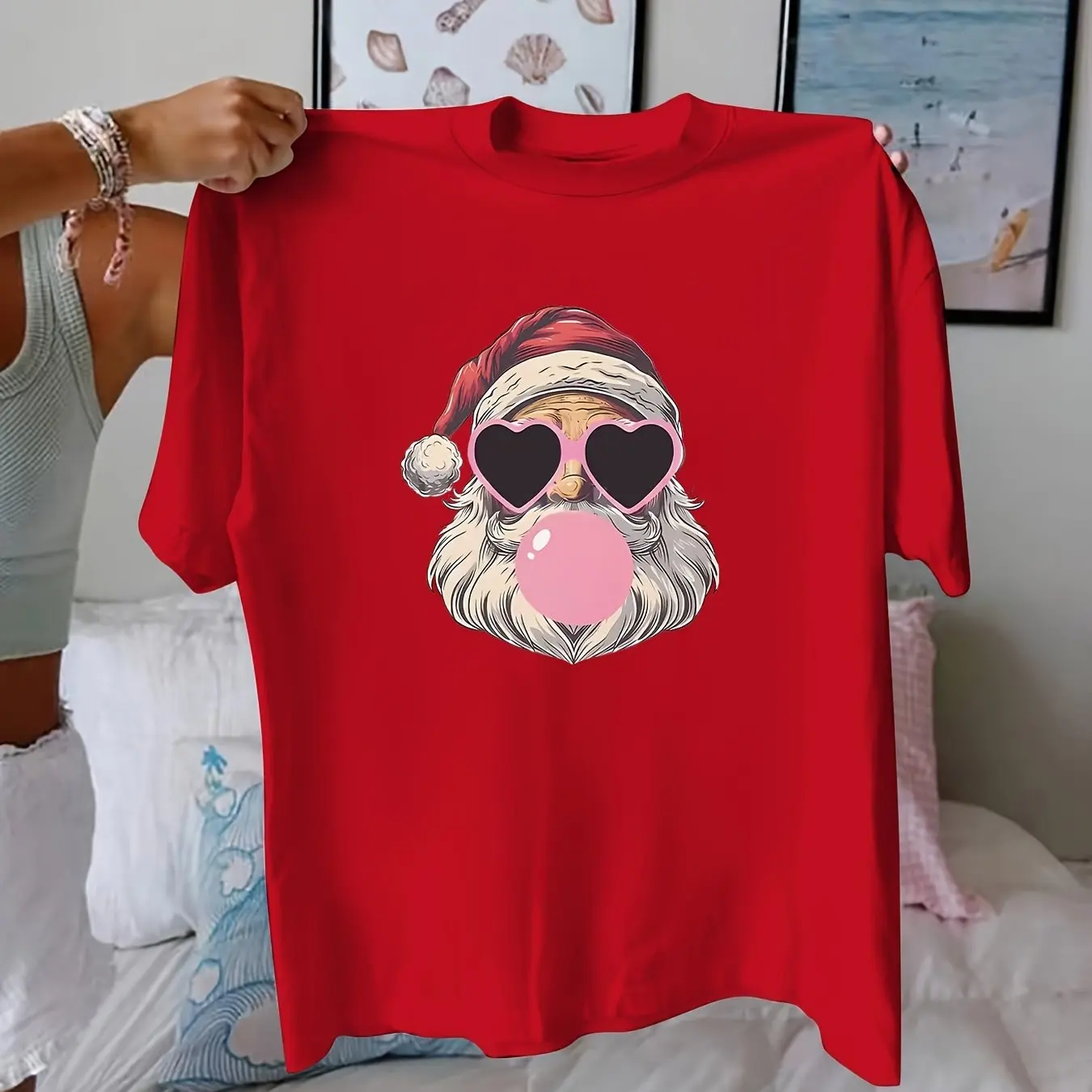 تي شيرت نسائي مقاس كبير بنمط سانتا كلوز من القطن الخالص يسمح بمرور الهواء وعصري ومتعدد الاستخدامات للجنسين ملابس الشارع كبيرة الحجم #2