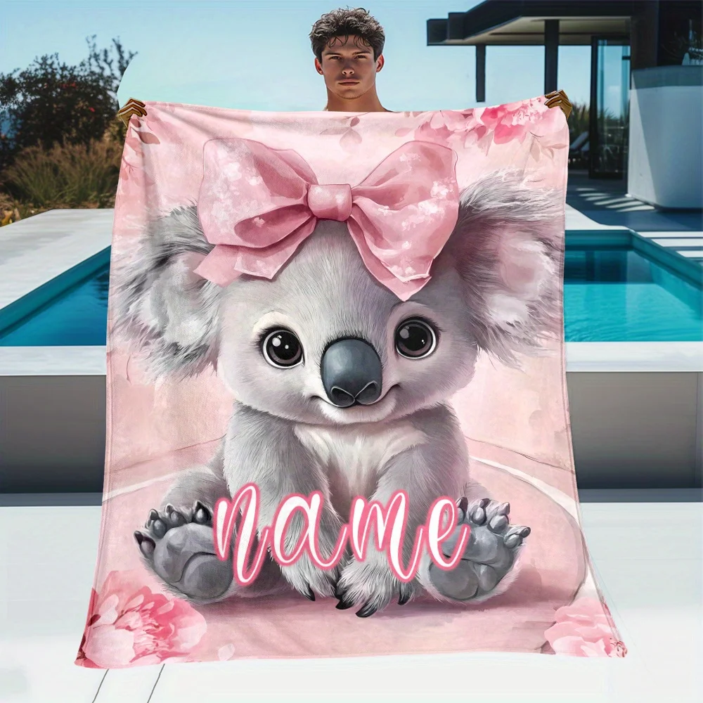 Manta de viaje personalizada con diseño de koala rosa, ligera y de franela, adecuada para sofás, camas, salas de estar y oficinas.