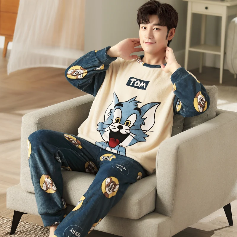 Casual Cartoon Winter Thicken Flannel Warm Pajamas For Men Sets Male Long Sleeve Sleepwear Homewear Loose Pajama Plus Size 3XL