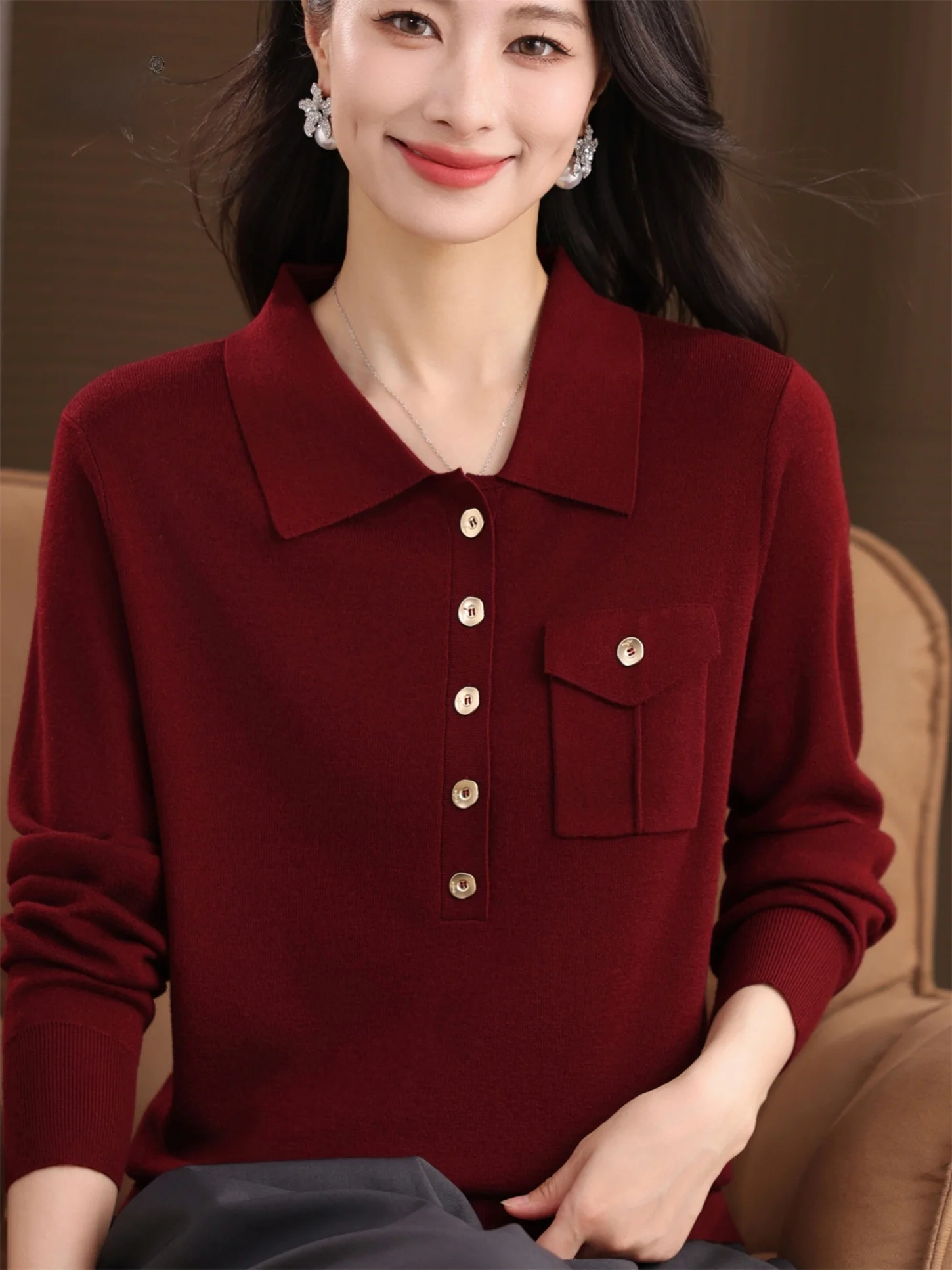 

Faionable Knitted Open Cardigan Loose Fit Turn-down Collar Base Layer Outerwear for Middle-aged Women Autumn Spring New Sle