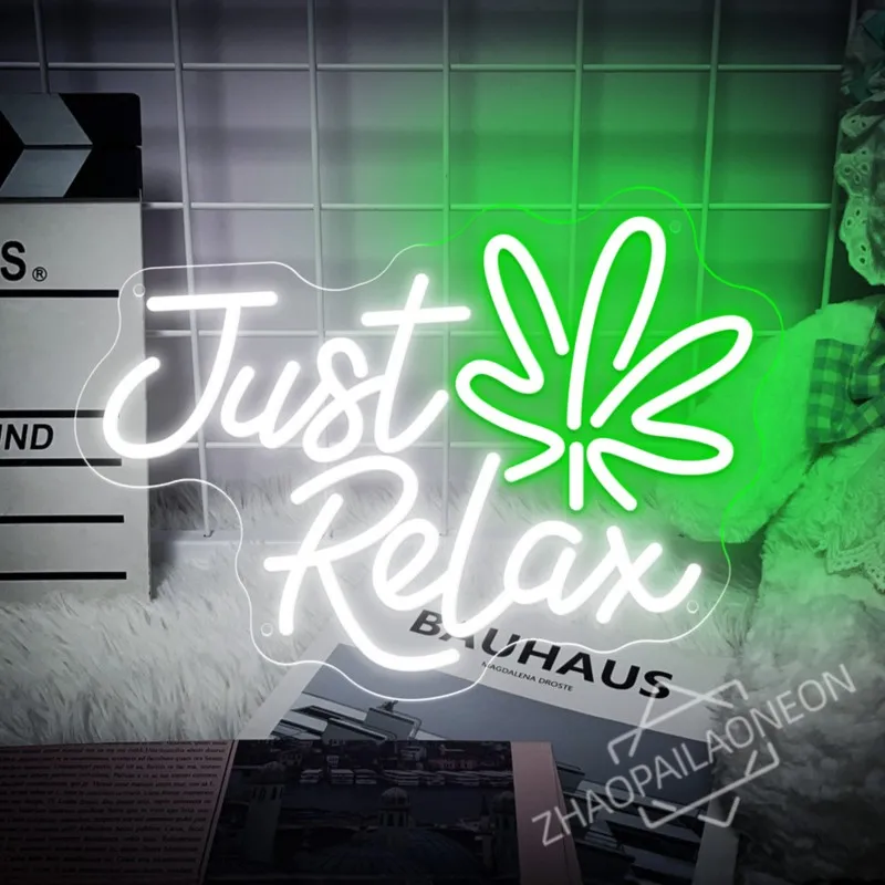 Just Relax LED Neon Lights Sign Relax Weed Leaf Neon Sign Smoking Room Wall Decor Neon Game Room Bar Decor Man Cave Light Lamp