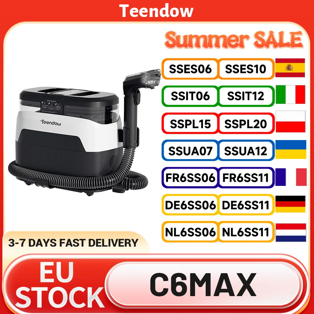 Nettoyeur de tapis et de moquettes 3-en-1 Teendow C6 MAX, vapeur 1650W, double réservoir, aspiration 12000Pa, buses multiples, adapté aux animaux domestiques
