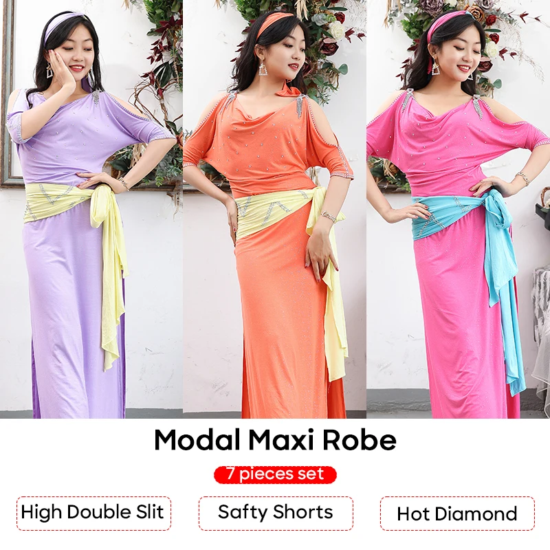 Women Modal Baladi Shaabi Belly Dance Long Robe Color Contrast Hollow Rhinestone Sleeves Double Side Slit Rhinestone Waist Scarf
