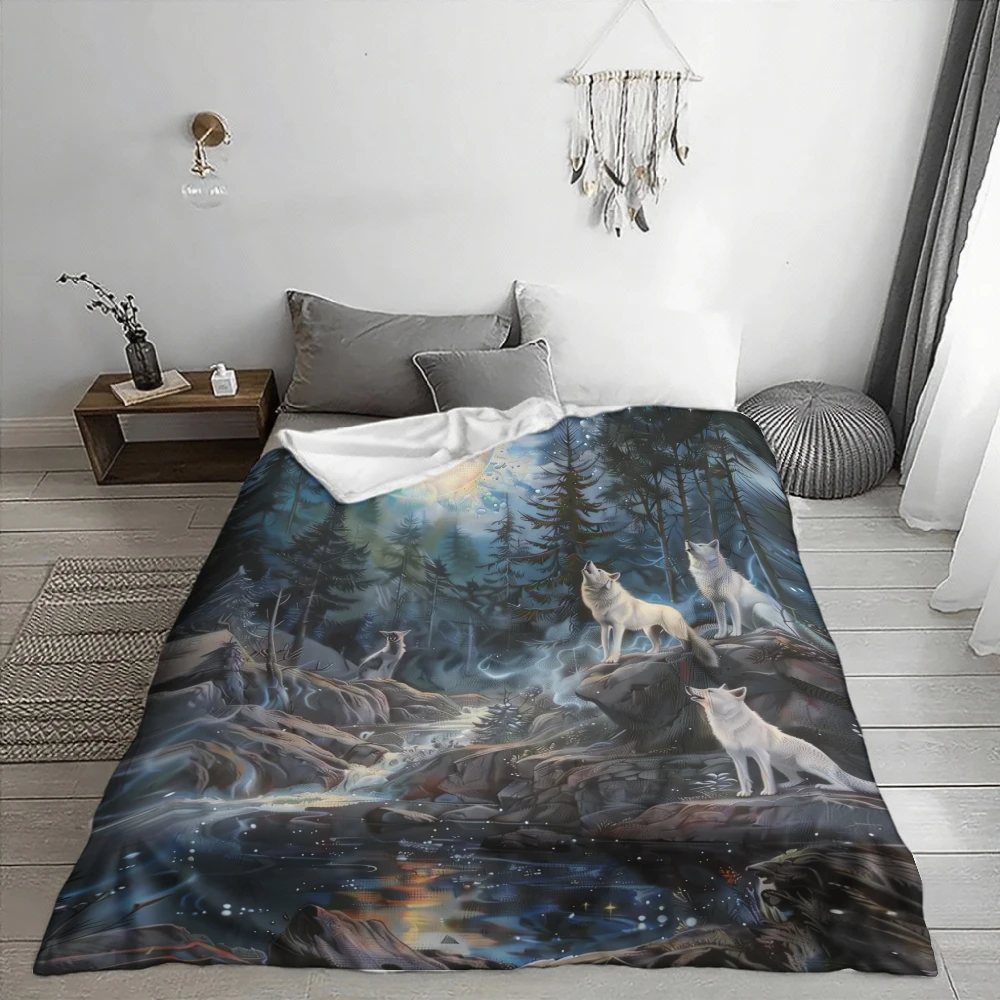 Mystic Wolf Moon Forest, Gift for Nature Lovers, Soft Cozy Blanket, White Wolves Starry Night Design, Multi-Purpose Home Decor