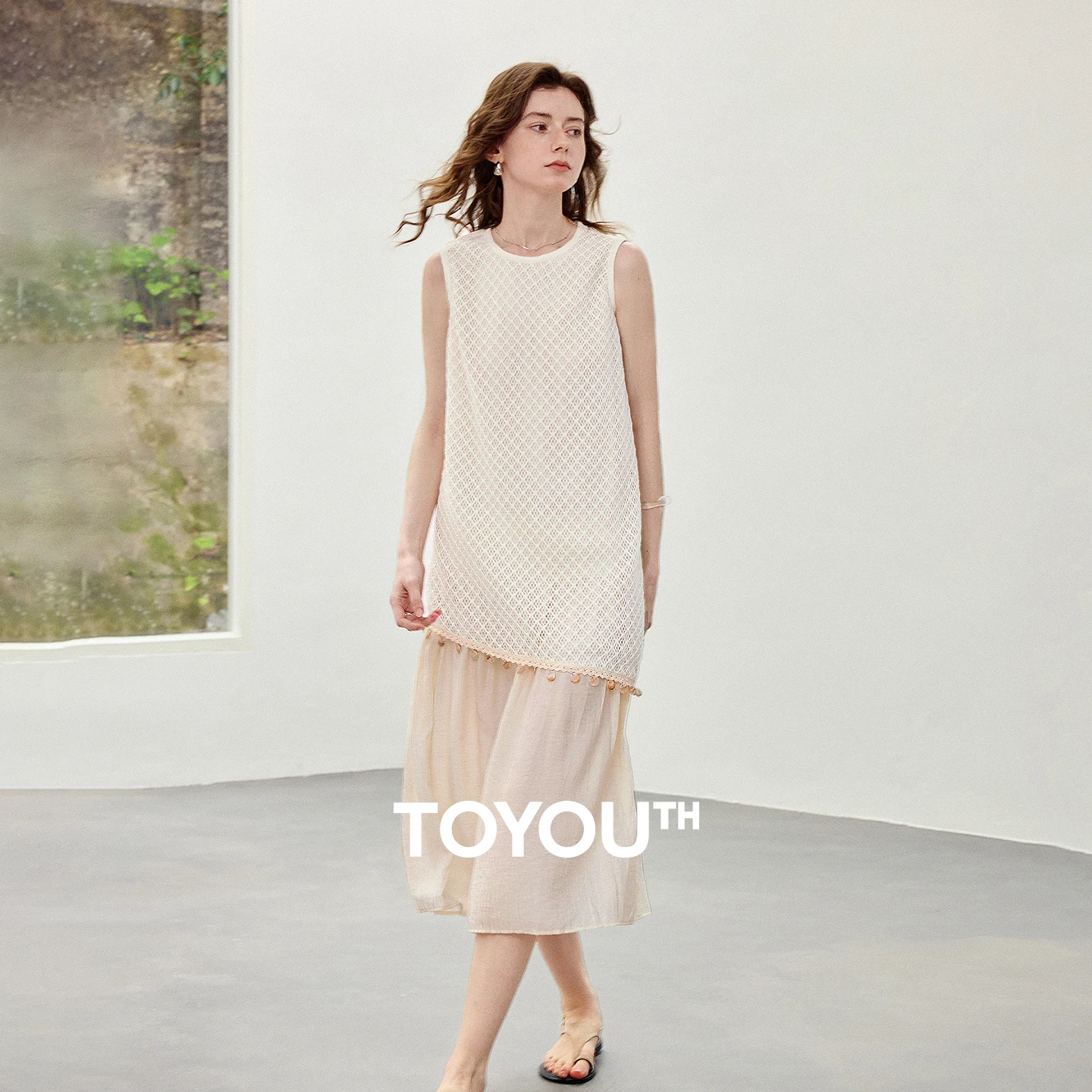 

TOYOUTH Women Casual Dress Summer 2026 New Arrival Contrast Color Splicing Fake Two-Piece Vest High Waist A-Line Soft All-Match