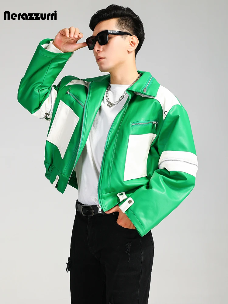 Nerazzurri Autumn Winter Cool Handsome Short Oversized Green and White Color Block Pu Leather Jacket Men Zipper Runway Fashion