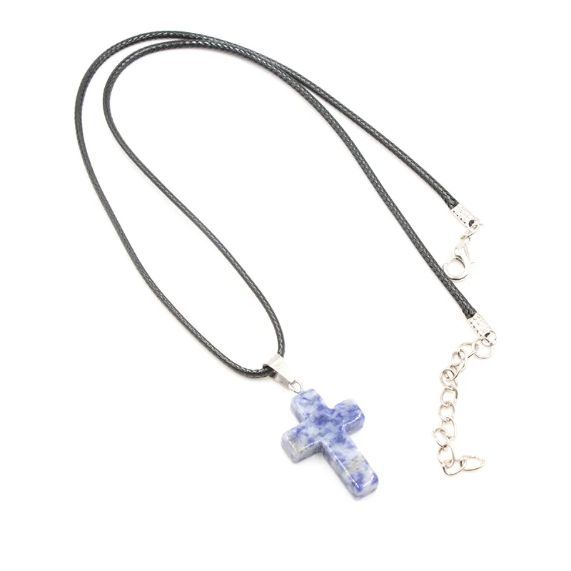 Natural Stone Cross Necklace Pendant Healing Crystals Gemstone Women Sweater Chain Crystal Charm Jewelry 1Pc with String