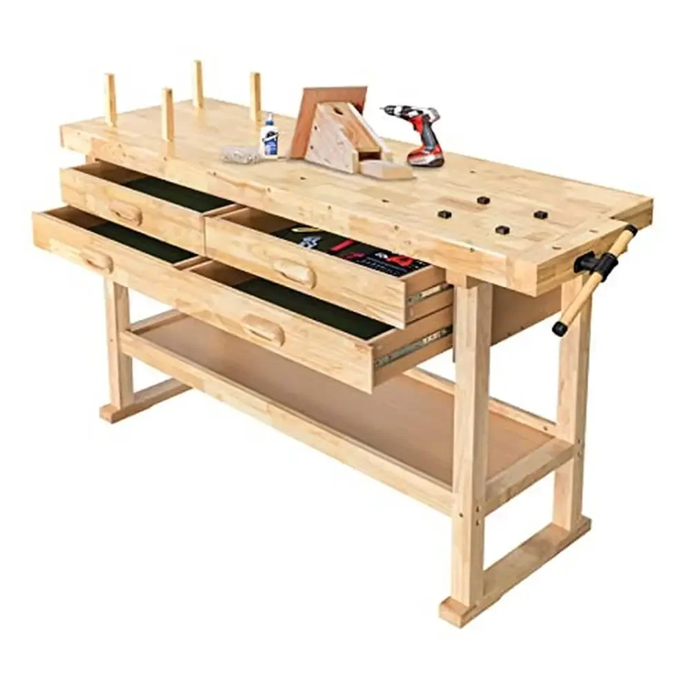 Workbench ไม้ 60 นิ้วไม้ยาง 4 ลิ้นชัก 450lbs ความจุโรงรถ Home Workshop Bench