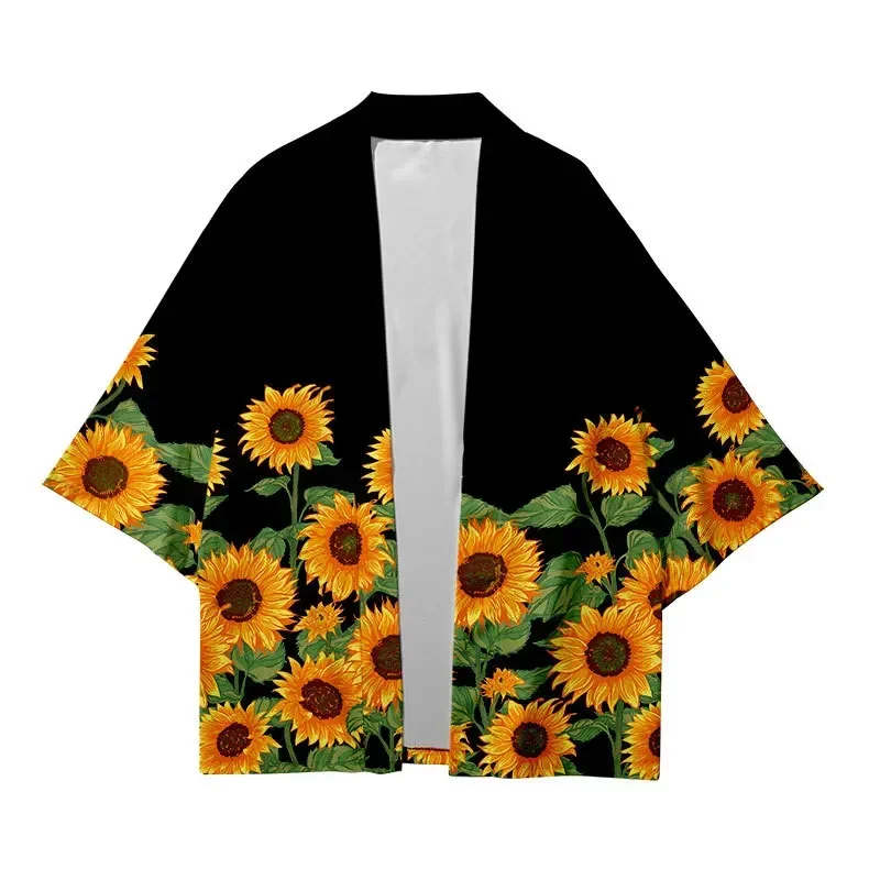 Men Hawaii Sunflower Print Kimono Cardigan Japanese Men Shirt Blouse Yukata Haori Obi Traditional Samurai Clothing