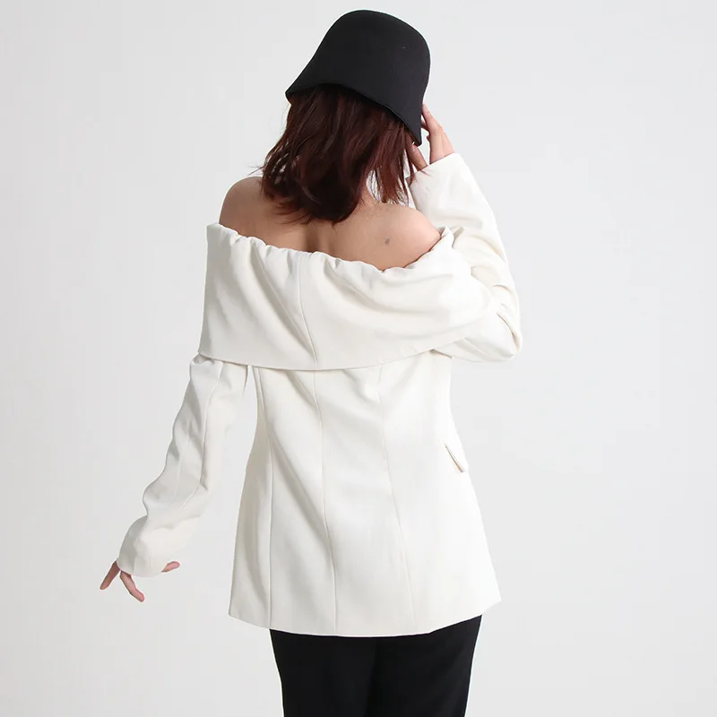 2024 New Outerwear Chic Women Slash Neck Blazer Off Shoulder Single Button Western Clothes White long sleeves Jacket Chaqueta