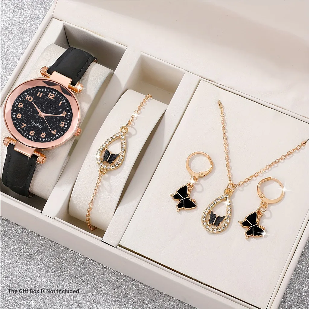 นาฬิกาพลอยเทียมผู้หญิง5ชิ้น/เซ็ตนาฬิกาควอตซ์หนัง PU จำลองชุดเครื่องประดับรูปผีเสื้อประดับพลอยเทียมแวววาวชุดของขวัญ