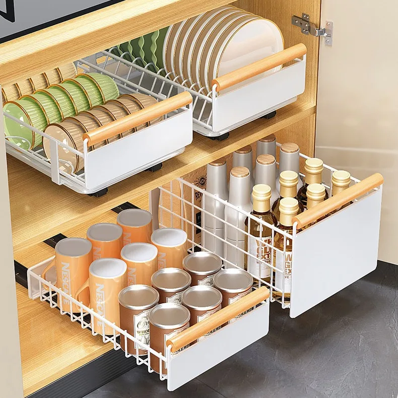 Modern Double-Tier Metal Household Storage Rack Pull-Out Kitchen Sink Cabinet Drawer for Cup and Dishes Storage Rackpromote sale