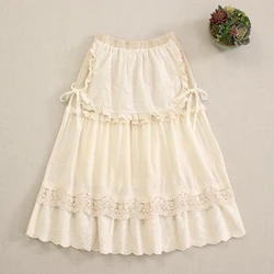 Japanese Sweet Lolita Mori Girl Hollow Out Embroidery Bandage Patchwork Skirts Women Spring Casual Loose A-Line Cotton Skirts