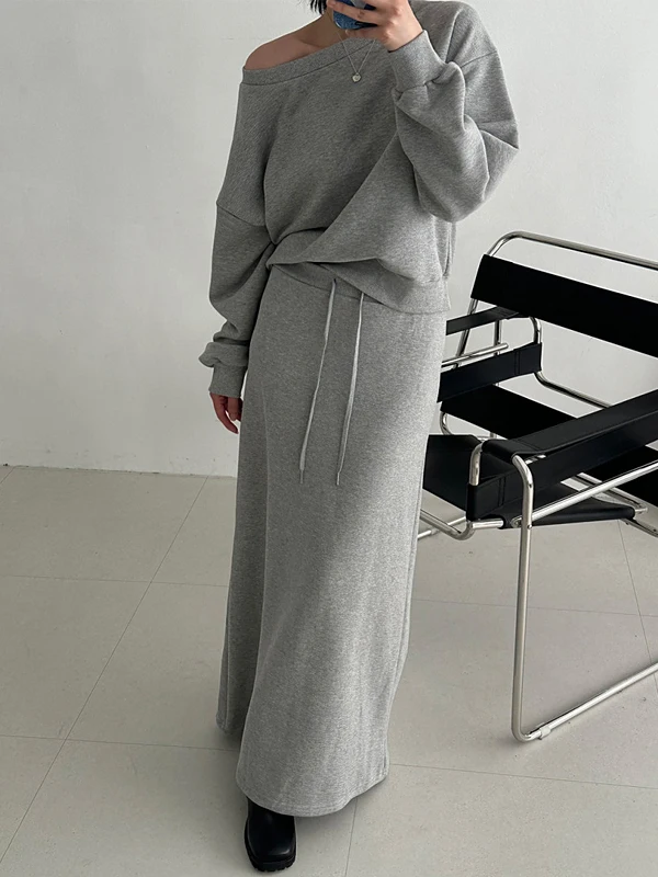 

Korean Sle Women's Faion Pure Desire Off-oulder Sweatirt High Waist Slimming Skirt Two-Piece Set Autumn Casual Wear