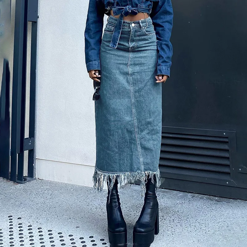 Dourbesty Women High Waist Denim Long Skirt Vintage Fringe Hem Slim A Line Stretch Denim Skirts Casual Flared Pull On Maxi Skirt