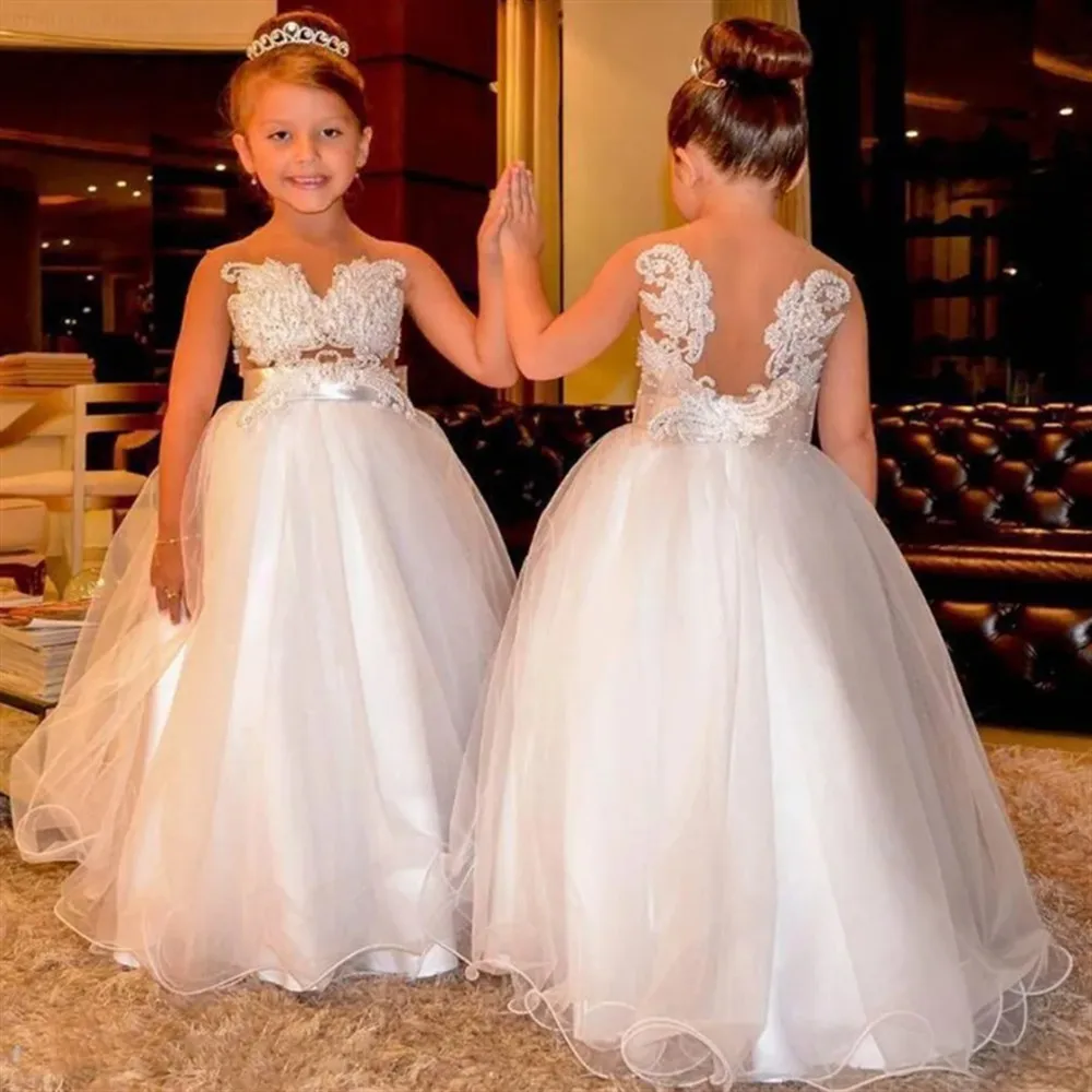 

Elegant Flower Girl Wedding Dress Appliques Sleeveless Princess Birthday Party Dress Kids Pageant Gown vestidos de comunión