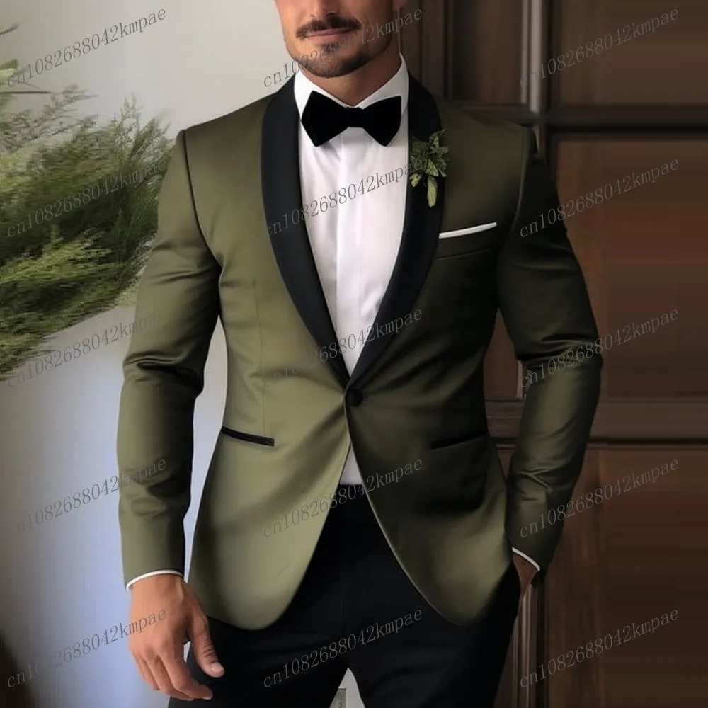 

Army GreenAnd Black Formal Occasion Men Suit Groom Groomsman Wedding Party Prom Business Male Tuxedos 2 Piece Set Blazer Pants