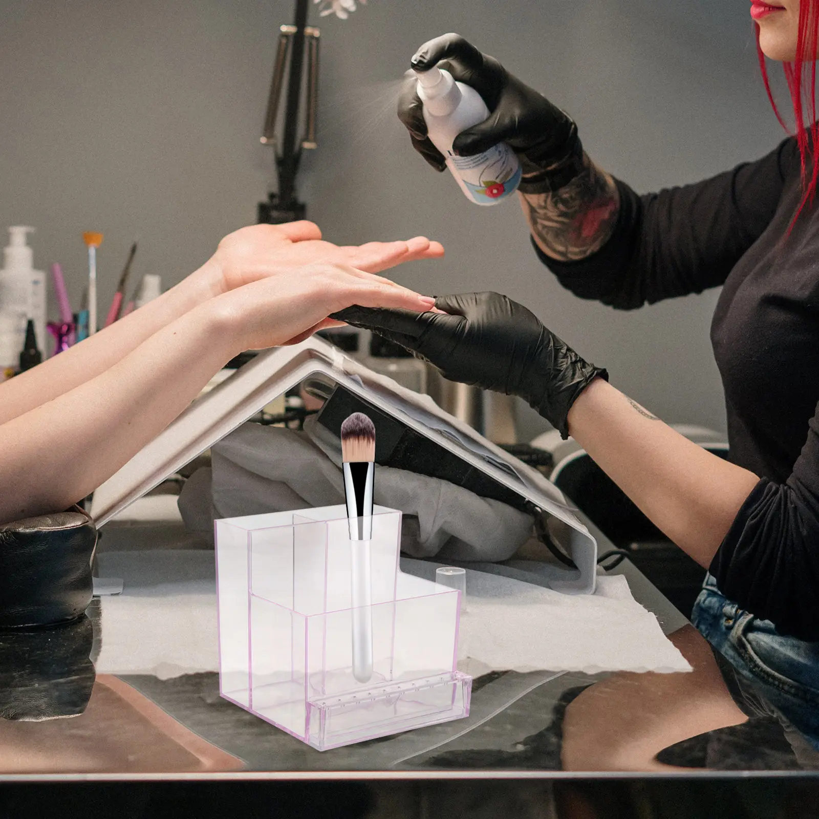 

2Pcs Stylish Transparent Acrylic Nail Tool Organizer with Pink-Purple Accents for Drill Bits Brushes Files Desk Display Storage