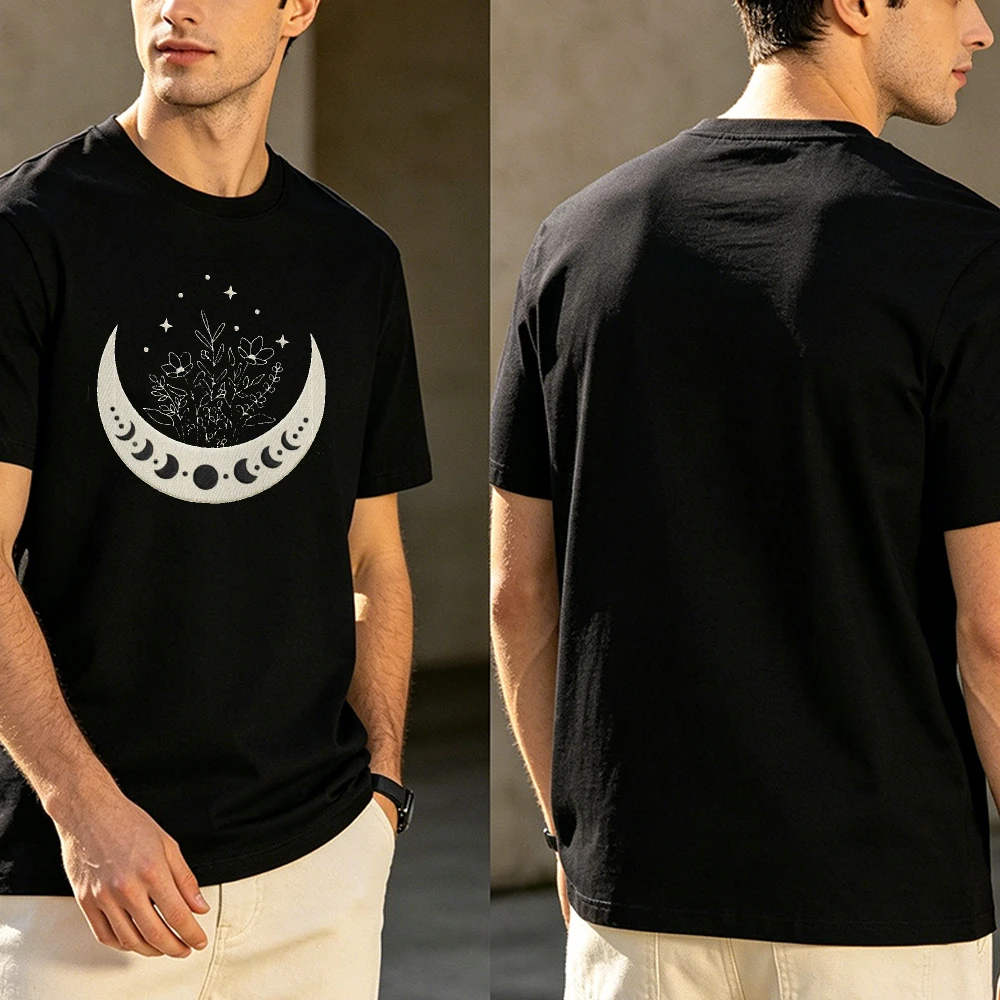 White Phase Moon Tiny Wild Floral Star Summer Men Cotton T-Shirt Minimal Celestial Soft Graphic Short Sleeve Light Outdoor Top
