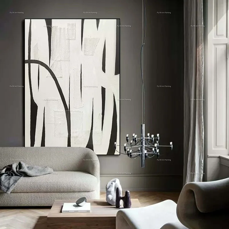 Neutral Monochrome Abstract Oil Painting Bold Curve Lines Original Design Canvas Wall Art Handmade Impasto Artwork