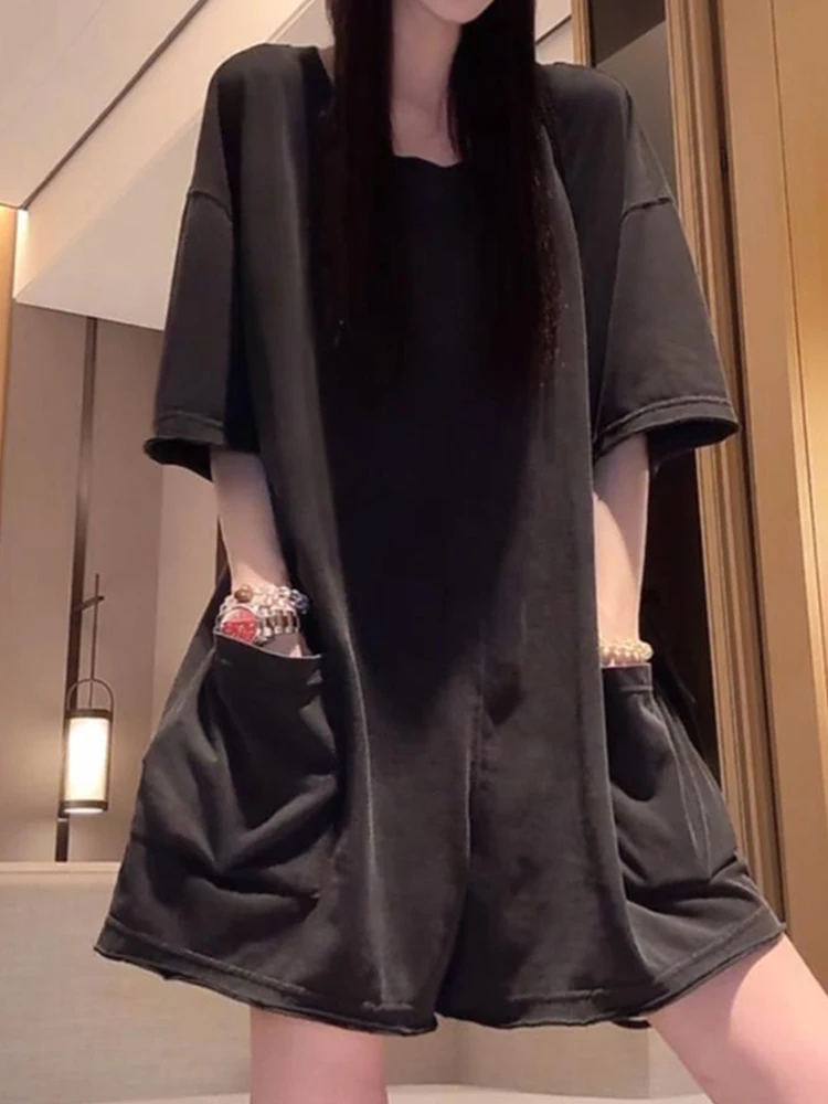 

Летний повседневный комбинезон 2025 в американском стиле: свободный крой, круглый вырез, короткий рукав, шорты с высокой талией и широкими штанинами