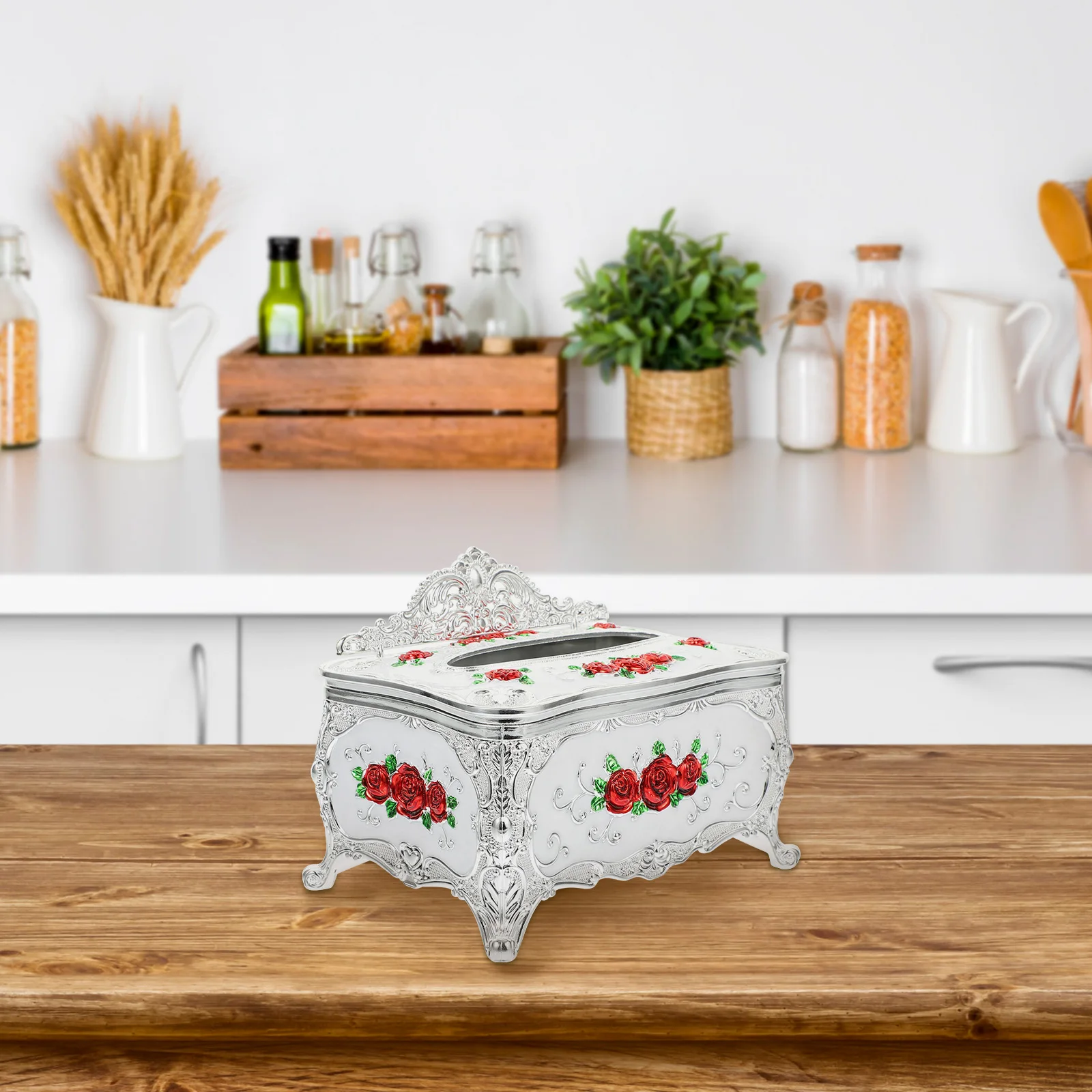 

Compact Tissue Box Holder Silver Vintage Paper Napkin Dispenser Boxes for Dining Household Storage Decorative Plastic