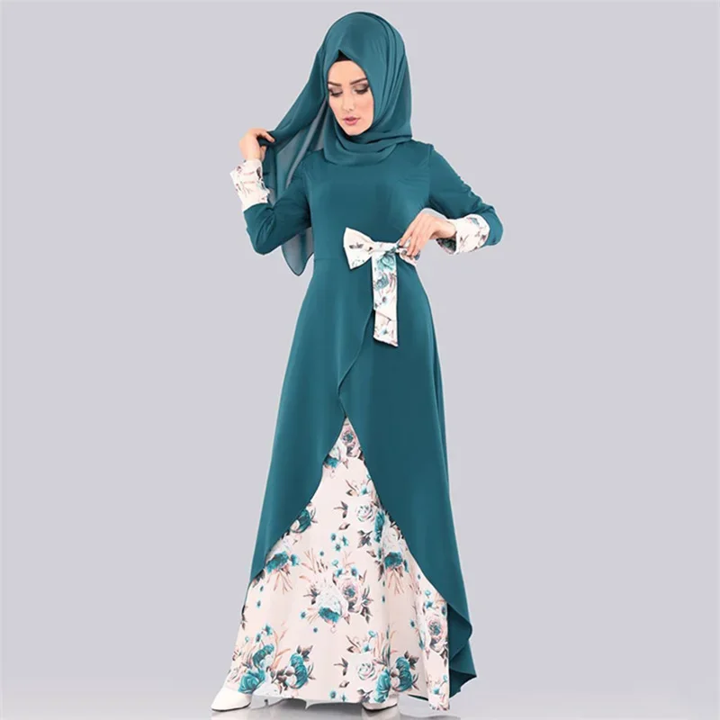 

Muslim Dress Robe Femme Musulmane Muslim Fashion Abaya Dubai Flowers Elegant Print Long Dress Bow Abaya Turkey Muslim Dress