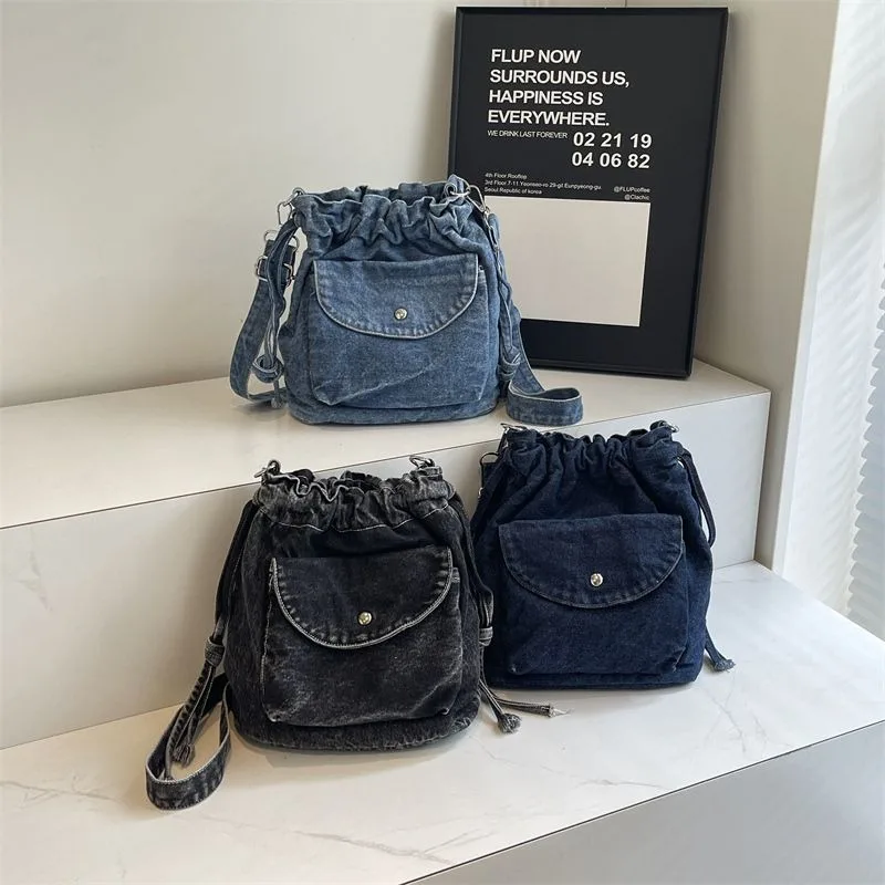 Casual Denim Bucket Bag for Women Shoulder Crossbody Bag Multiple Pockets Ladies Handbag Luxury Design Female Big Totes Bag