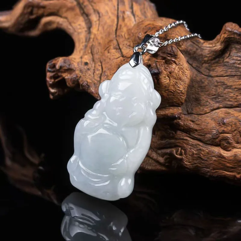 

S925 Silver Natural Emerald God of Wealth Pendant Myanmar Jadeite Necklace Jewelry Charm Designer Luxury Vintage Women Fashion