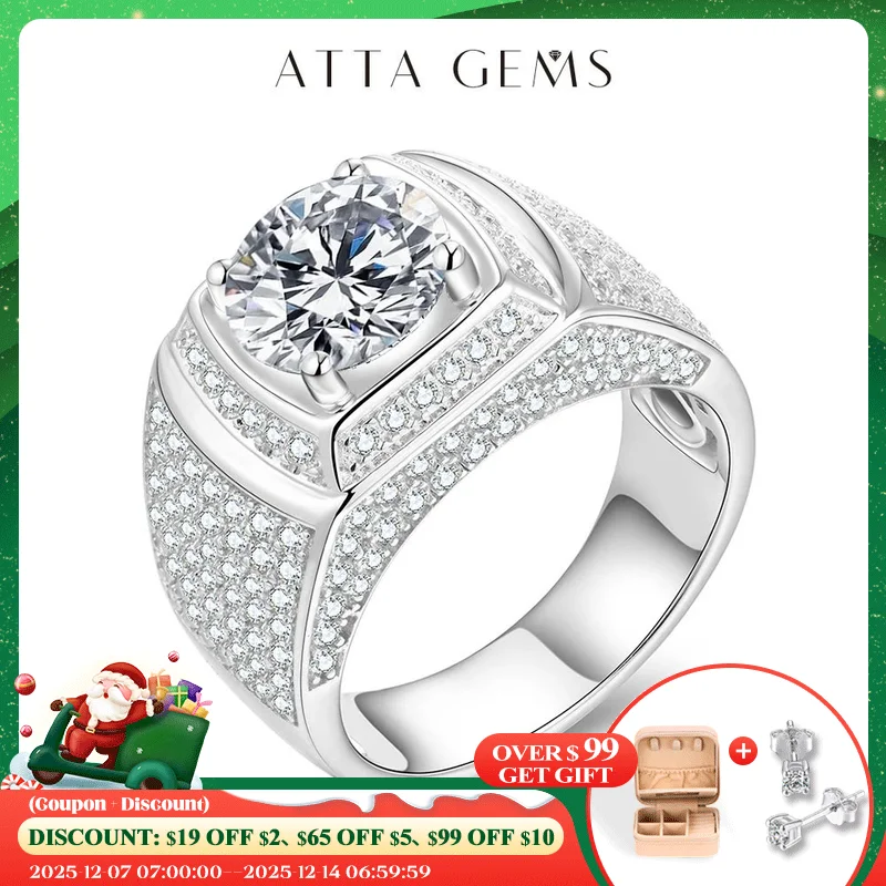 

ATTAGEMS Classic 925 Sterling Silver Rings Men Wedding Silver Diamond Engagement 3.0Ct 9.0mm D Color Moissanite Ring for Men