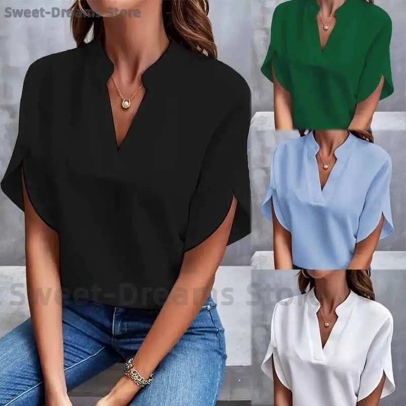 

Black V-Neck Short Sleeves Shirt Basic Model Batwing Sleeve Blouse Loose Casual Solid Color Top Summer Commute Woman Clothing ﻿
