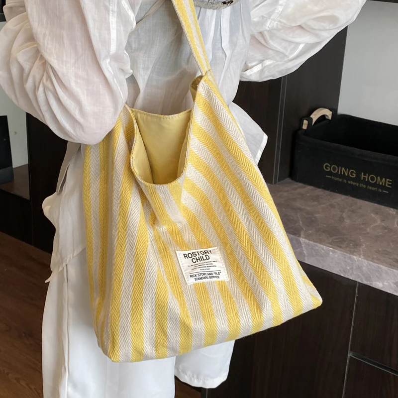 

Casual Striped Canvas oulder Bag Women's Large Capaci Tote Bag Spring Versatile Durable op Bag Ci Simple Sle