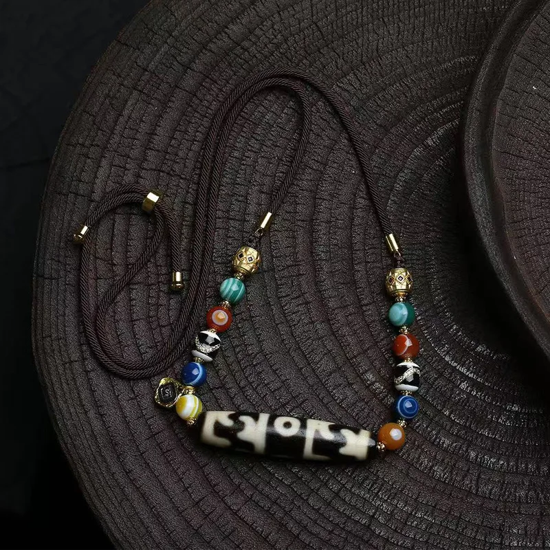 Natural AgatePadmasambhavaRitual Bead Pendant SweaterChain Multi-Treasure Heavenly Eye Bead Accessory Hand-Knotted Cord Necklace