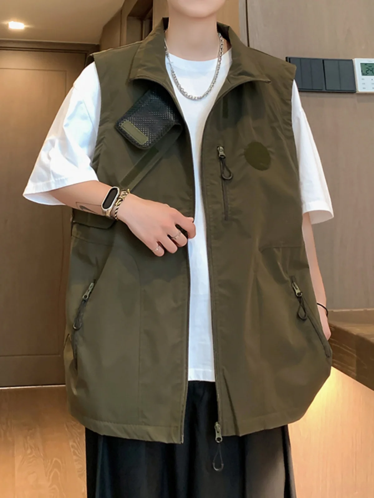 

Мужской жилет свободного кроя в стиле ретро из Гонконга, японский функциональный модный бренд, с воротником-стойкой и застежкой на липучке