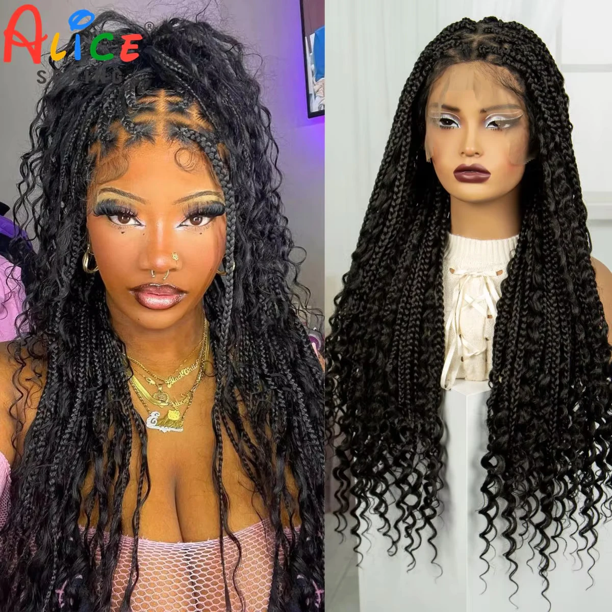 32 inch Synthetic Braided Wigs Natural Curly Boho Braideds Wigs Full Lace Knotless Box Braids Wig with Baby Hair for Black Women