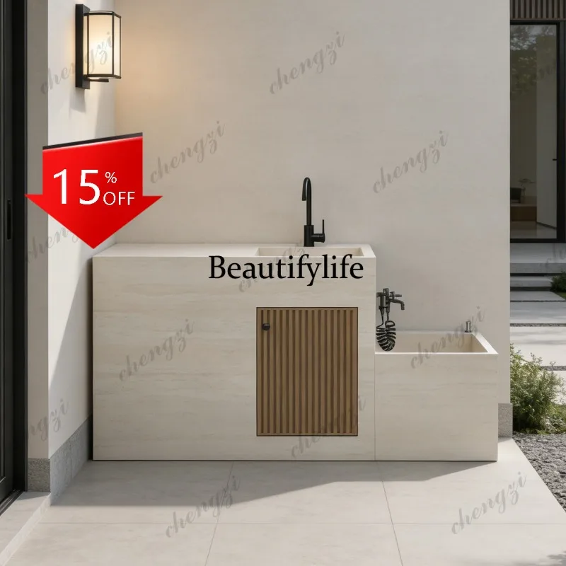 D80 Villa outdoor rock slab outdoor courtyard washbasin with mop pool integrated column basin operation table