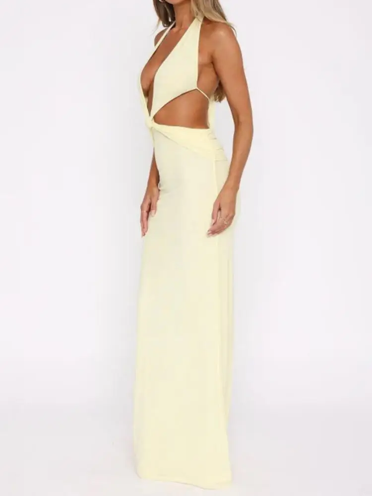 Seksowna, jednolita, z głębokim dekoltem w kształcie litery V, z wycięciami, wiązana na szyi, z wiązaniem na plecach, długa sukienka bez pleców na lato 2025, odzież damska.