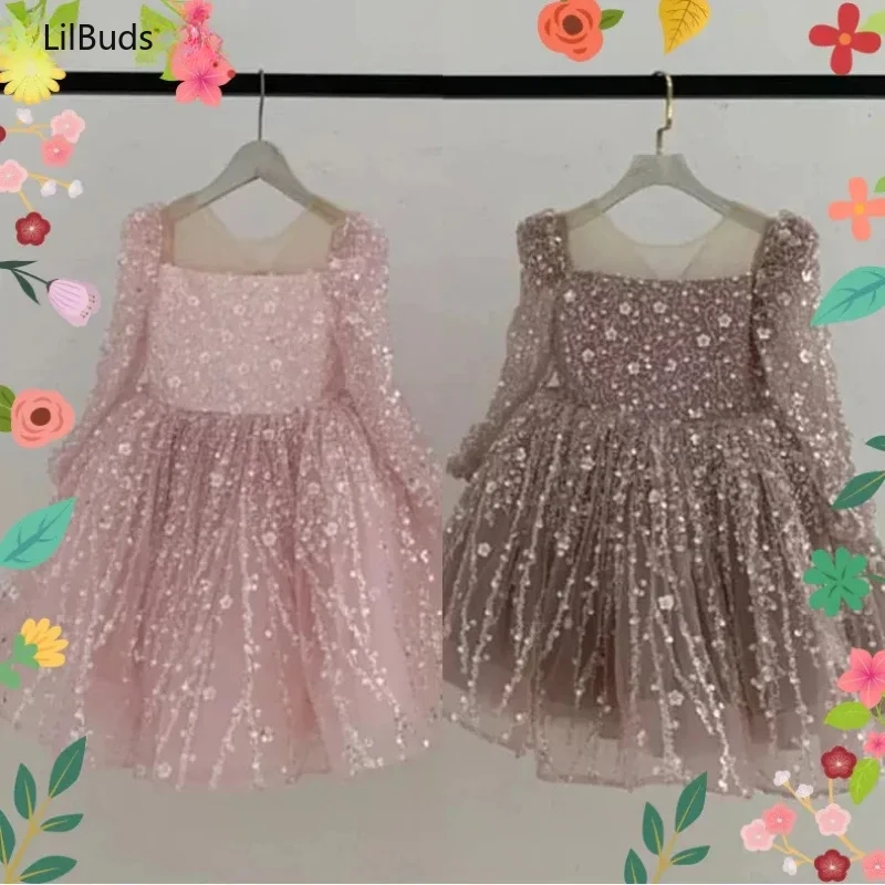 2024 Children Birthday Evening Party Matching Princess Ball Gown Long Sleeve Formal Dresses Kids Girls Elegant Shinny Sequin