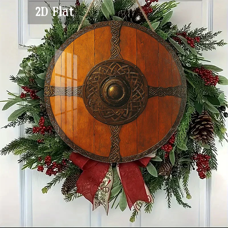 2D Flat, 1pc Nordic Viking Shield Round Wood Panel Painting, Celtic Knotwork Decoration Round Wall Decor Wooden Battle Shield Wa