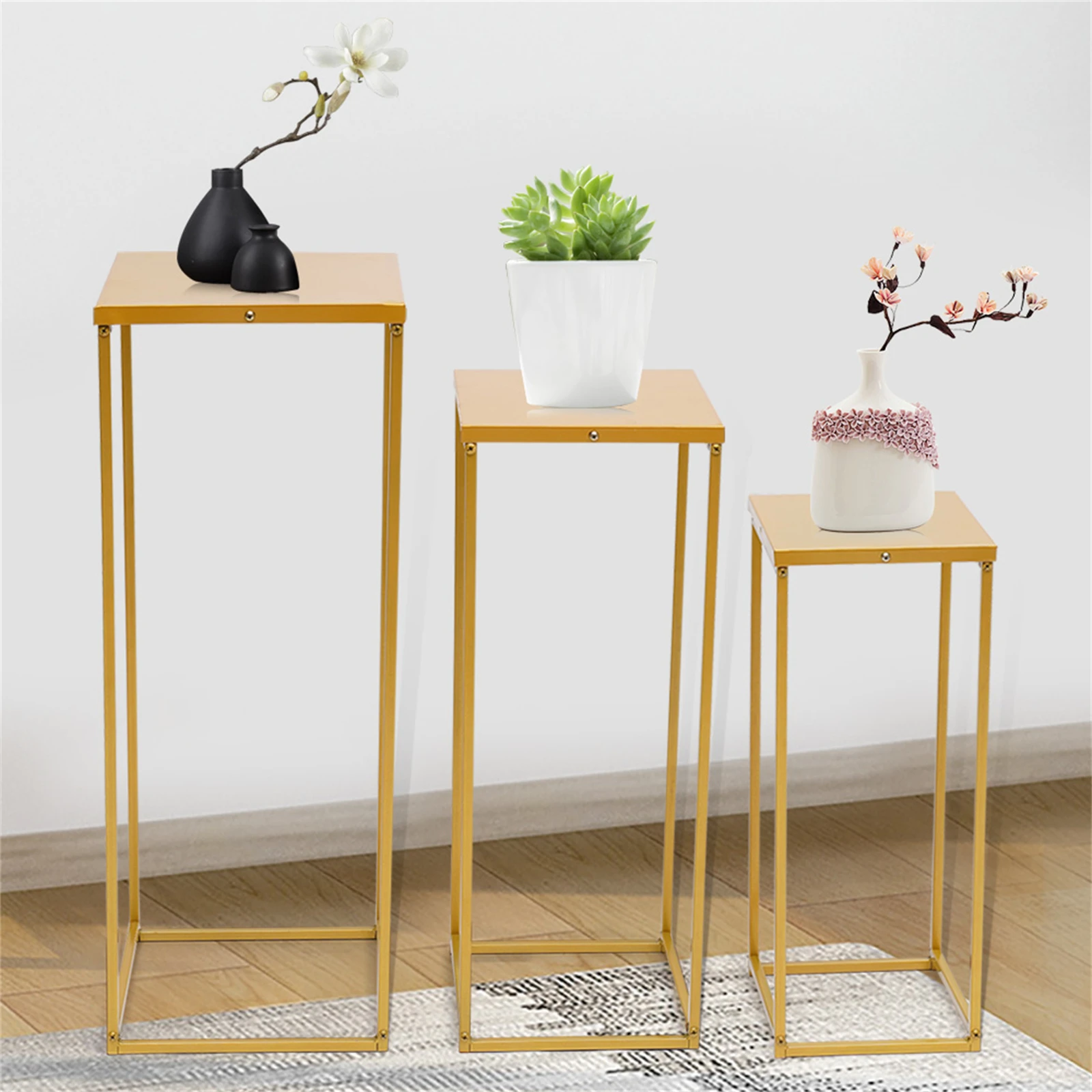 

Gold Set of 3 Metal Stand Wedding Decoration Gold Road Lead Flower Wedding Supply Plant High Square Rack Flower Holder Kits