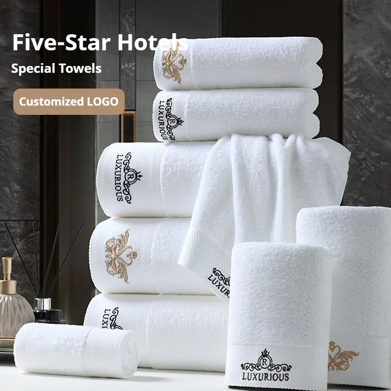 Five star hotel exclusive towel logo hotel white pure cotton beauty salon large bath towel embroidered words