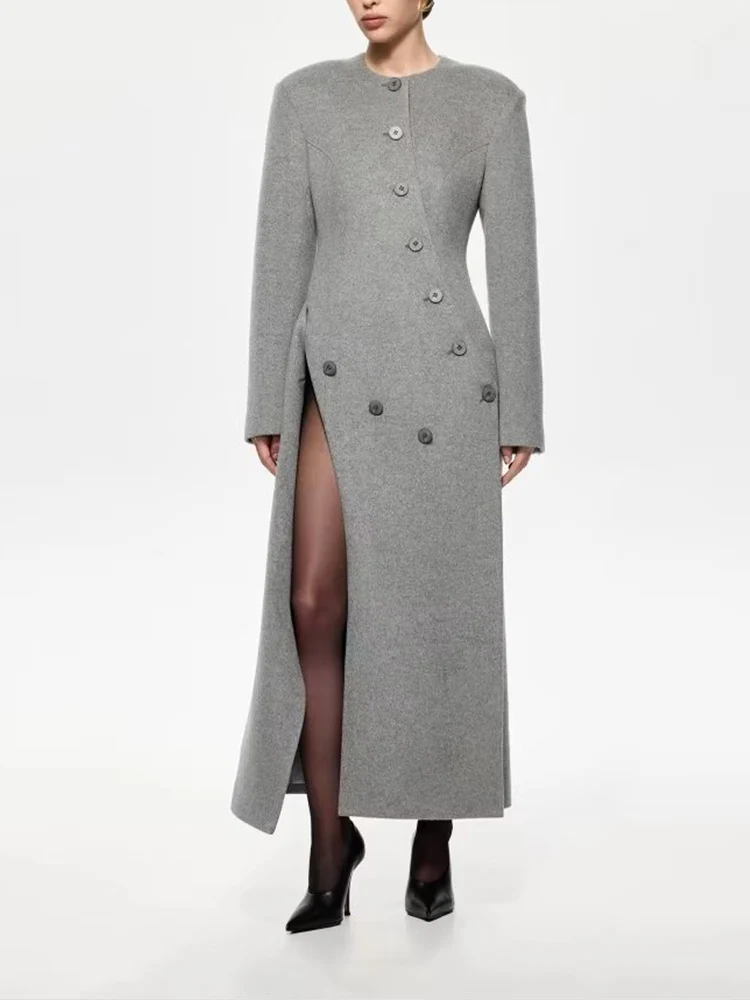 

New European-style women's fashion coat: stylish, versatile, with a round neckline and multiple buttons, made of wool blend fabr