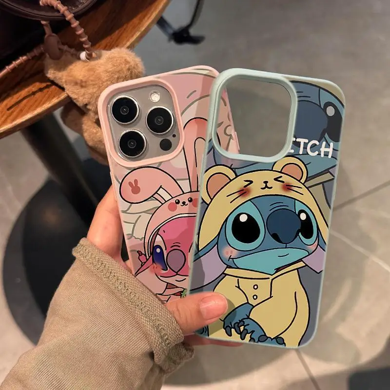 Cute Cartoon Stitch Couple Fashion TPU Imitation Leather Phone Case For iPhone 16 Plus 15 14 13 12 11 Pro Max Shock-absorbing