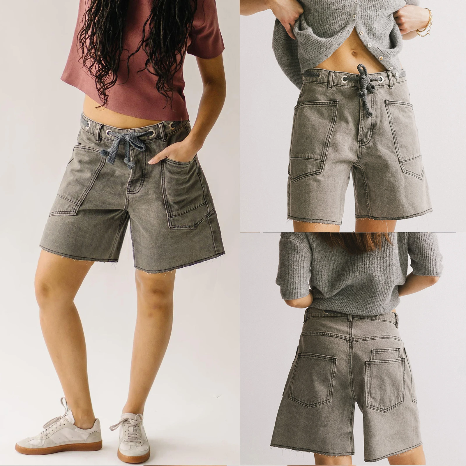 

Fashion Women's Summer Bandage Denim Shorts 2025 New Female Wide Leg Streetwear Jeans Shorts with Pockets