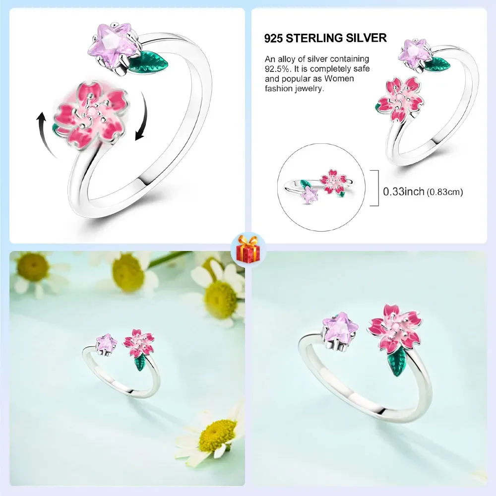 Women‘s Adjustable Open Rings 925 Sterling Silver BRotating Pink Cherry Blossom Windmill Original Free Size Ring Wedding Jewelry