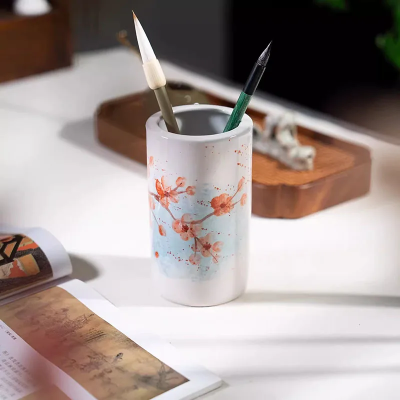 Hand-painted Plum Blossom Ceramic Brush Pot, Chinese Calligraphy Pen Holder, Traditional Painting Desk Organizer