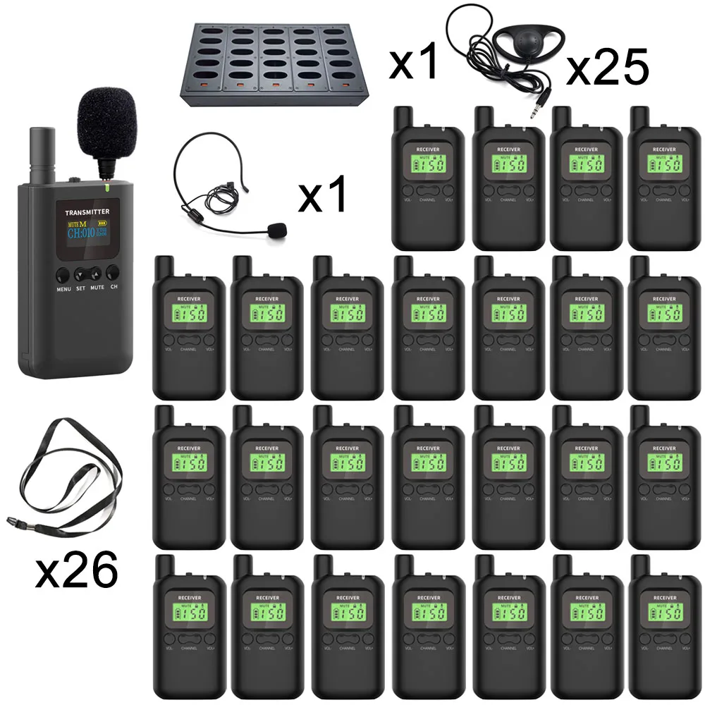 Wireless Whisper Tour Guide System 1 Transmitter 25 Receivers 1 Charger for Training Factory Interpretation Teaching Conference