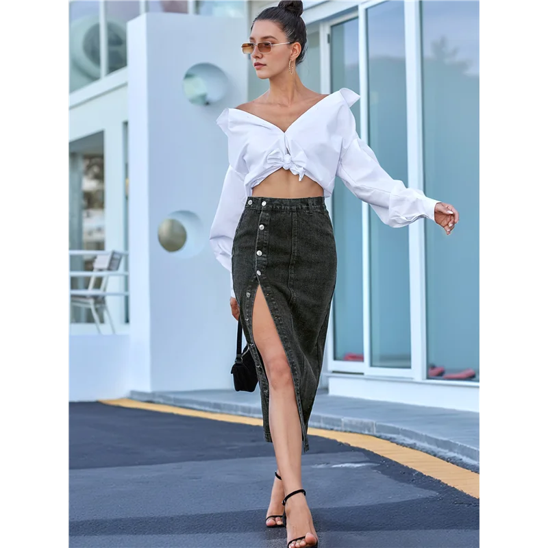 Hot Kf-femmes décontracté fente Denim Midi Jean jupe Stretch taille haute effiloché boutonné noir L