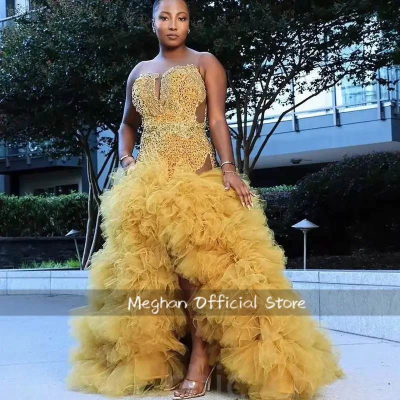 

Gold African American Prom Dresses Mermaid Sequins Beaded Black Girls Nigeria Robe De Soiree Evening Dresses Gown Customized